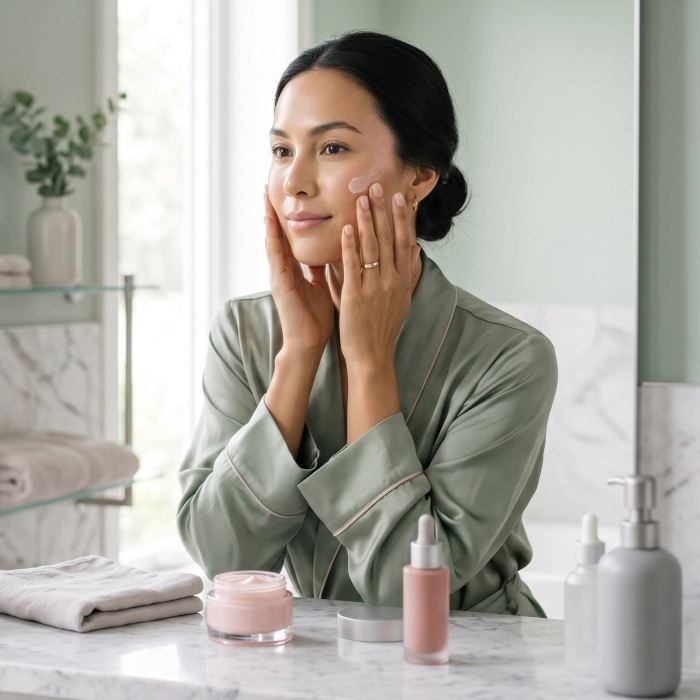 Luxury skincare ritual with soft pink and gray tones